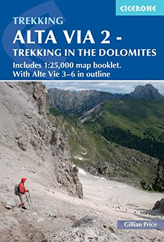 Cicerone guidebook cover showing a hiker on a rocky trail in the Dolomites.