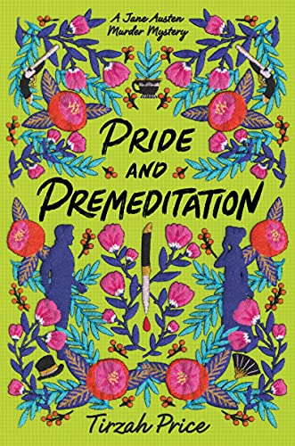 Book cover with embroidered flowers, silhouettes, a dagger, and pistols on a green background.