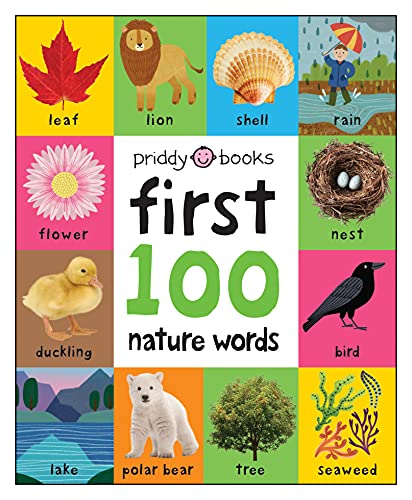 Colorful board book cover featuring images of animals, plants, and nature scenes.
