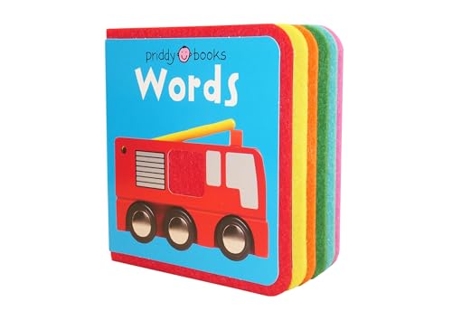 Felt board book titled "Words" with a red fire truck illustration.