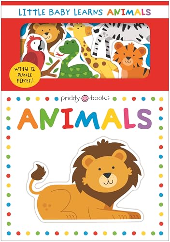 Book cover titled Little Baby Learns Animals featuring a cartoon lion and puzzle pieces.