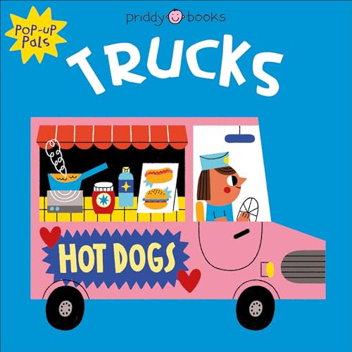 Pink hot dog truck with illustrated food and a smiling vendor.