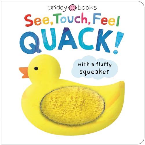 Book cover with a yellow duck and textured patch, titled "See, Touch, Feel Quack!".