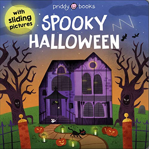 Halloween book cover with a haunted house, bare trees, and pumpkins.