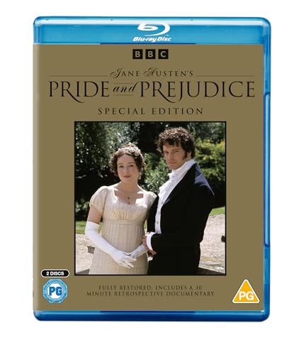 Blu-ray cover for BBCās āPride and Prejudiceā featuring a couple in period dress.