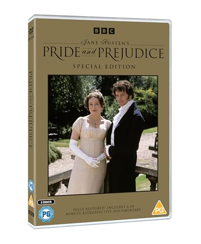 DVD cover for "Pride and Prejudice" featuring a couple in Regency attire.