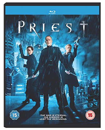 Blu-ray cover for the film *Priest*, featuring three figures with weapons.