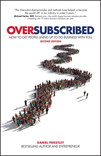 Book cover titled Oversubscribed showing a long, winding line of people on white background.