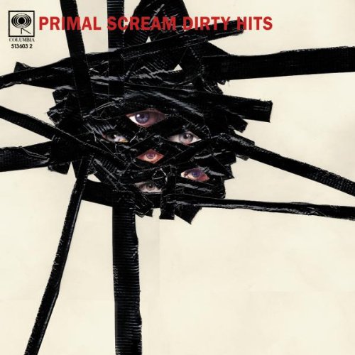Album cover for Primal Scream’s “Dirty Hits” with eyes obscured by tape.