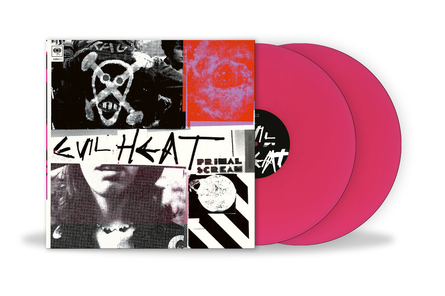 Primal Scream Evil Heat album cover with two pink vinyl records on white background.