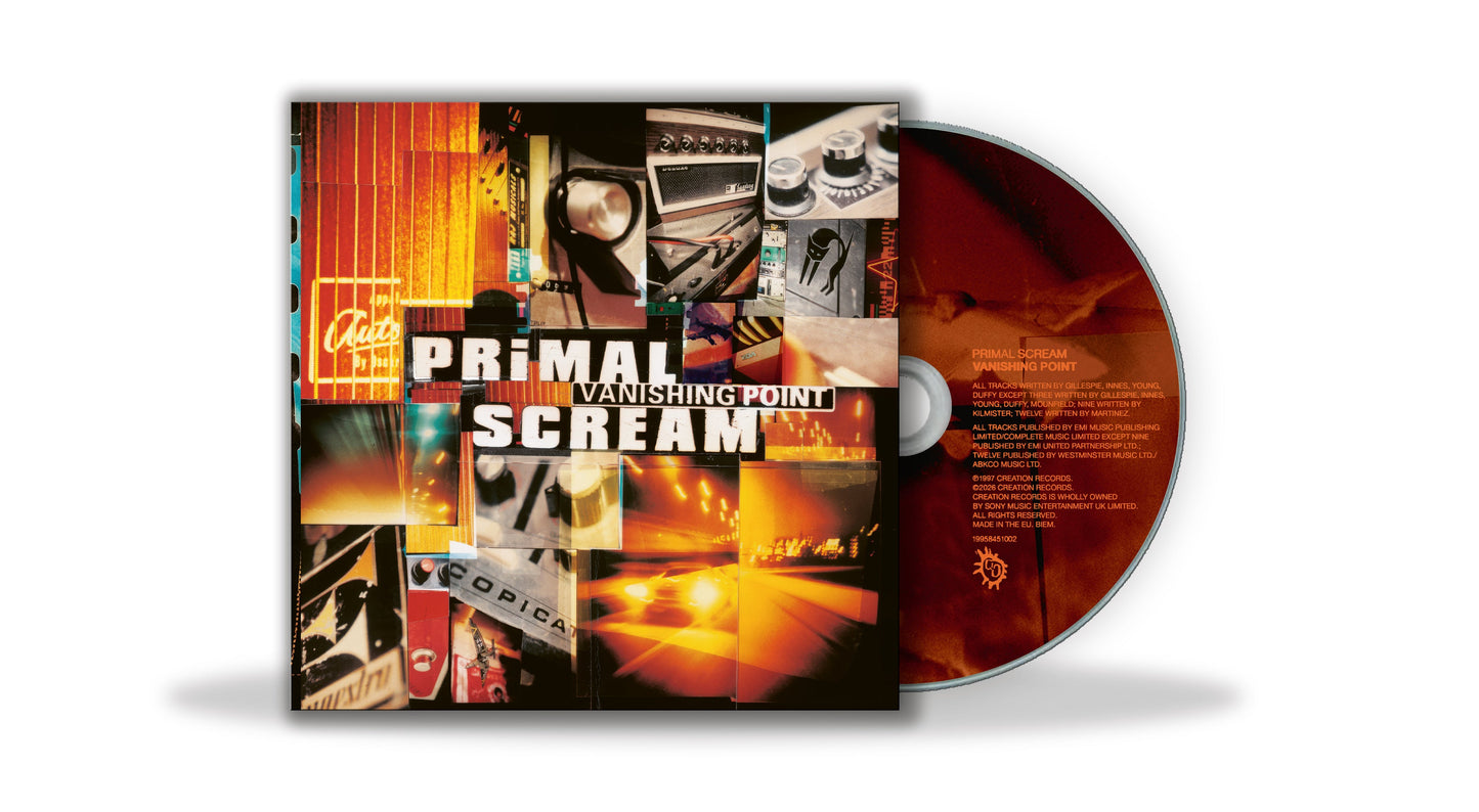 Primal Scream Vanishing Point CD cover featuring a collage of music equipment and road imagery.