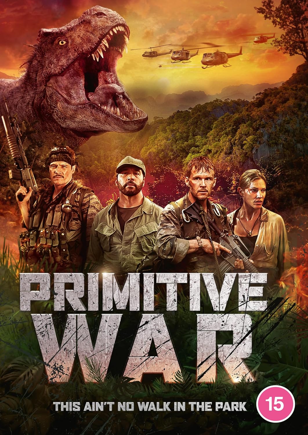 DVD cover for "Primitive War" featuring soldiers and a dinosaur.