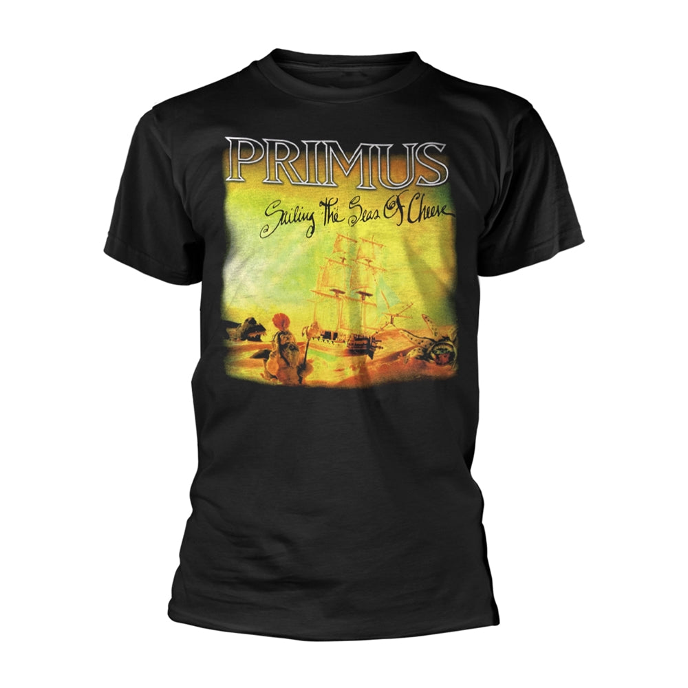 Black t-shirt with Primus album art: a ship sailing on cheese waves.
