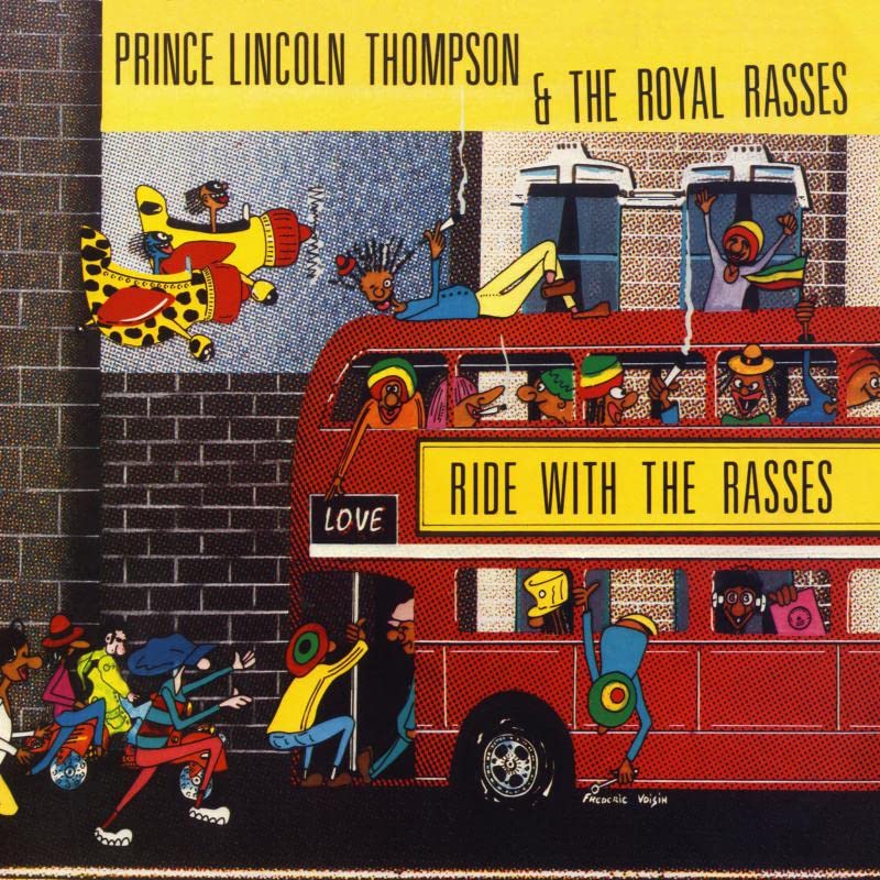Album cover: colorful cartoon of musicians riding a red double-decker bus.