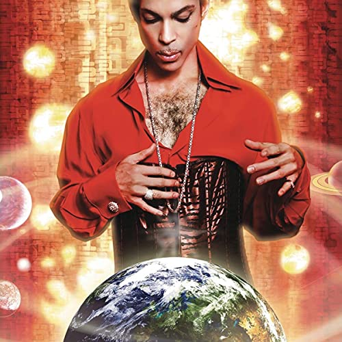 Prince portrait with planets, wearing red and black clothing.