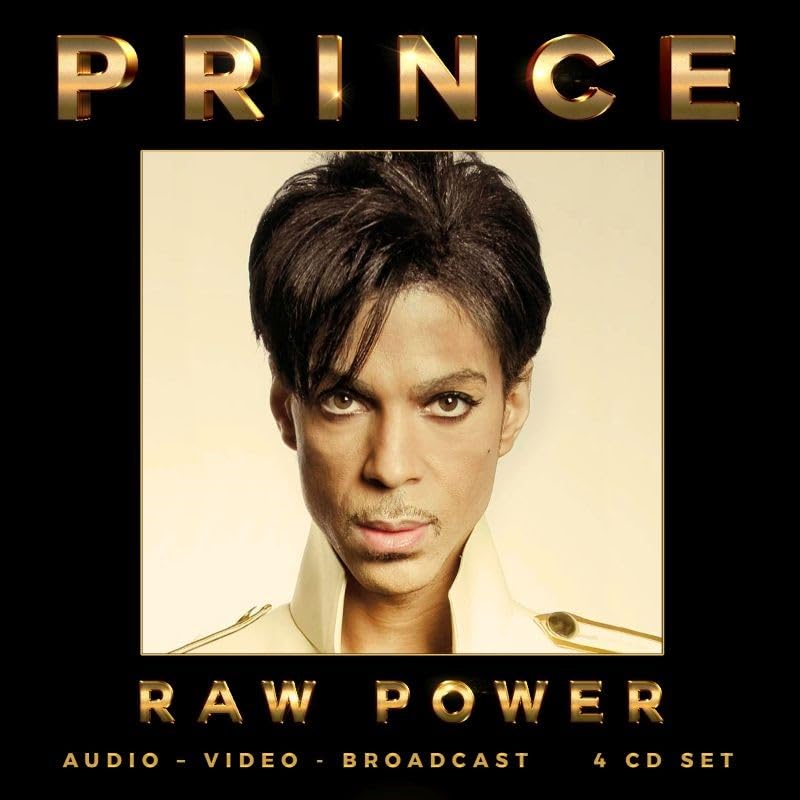 Prince portrait on "Raw Power" CD cover, gold lettering on black background.