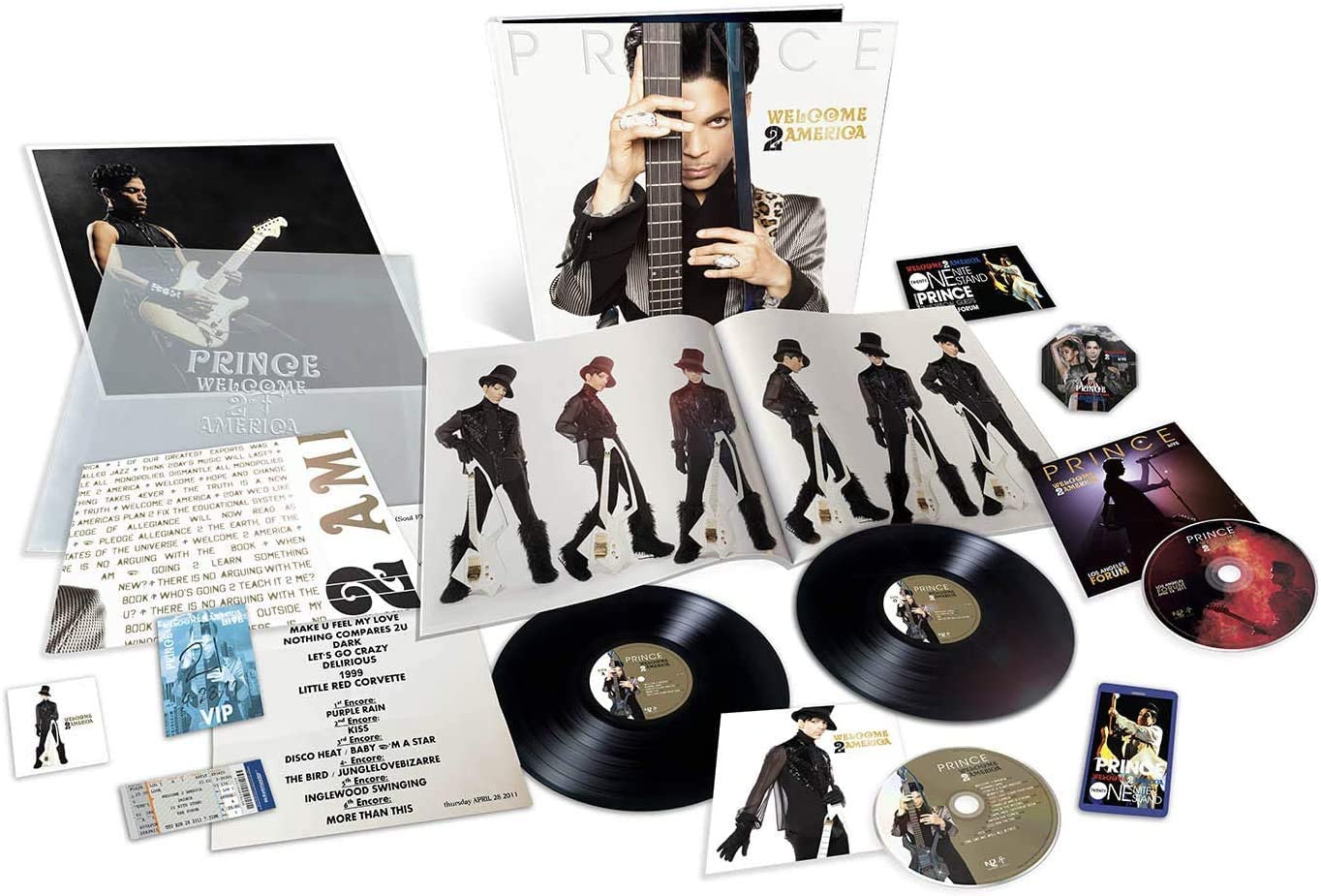 Prince's album Welcome 2 America deluxe edition on vinyl with various included materials.