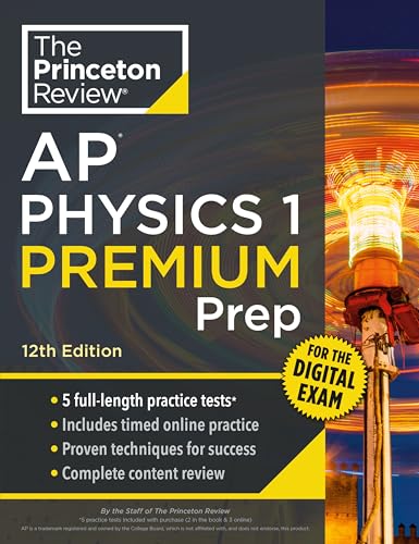 AP Physics 1 Premium Prep book cover, 12th edition, with a blurred carnival light.