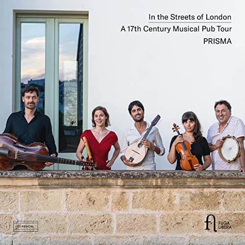 Five musicians with period instruments pose in front of a wall.