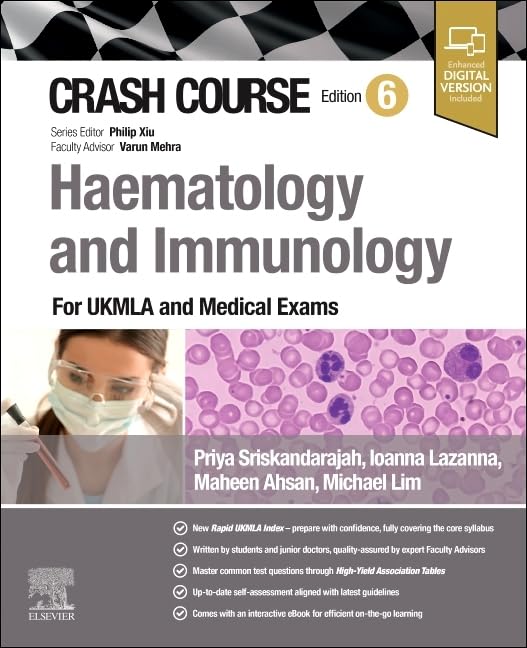 Book cover: "Crash Course Haematology and Immunology" with medical imagery.