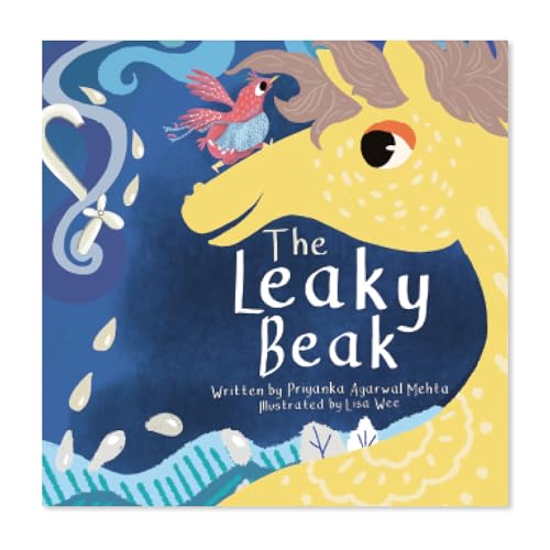 Book cover: yellow giraffe with a small bird and blue waves.