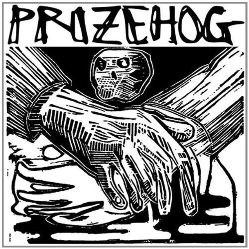 Black and white vinyl record cover with skull and hands illustration.