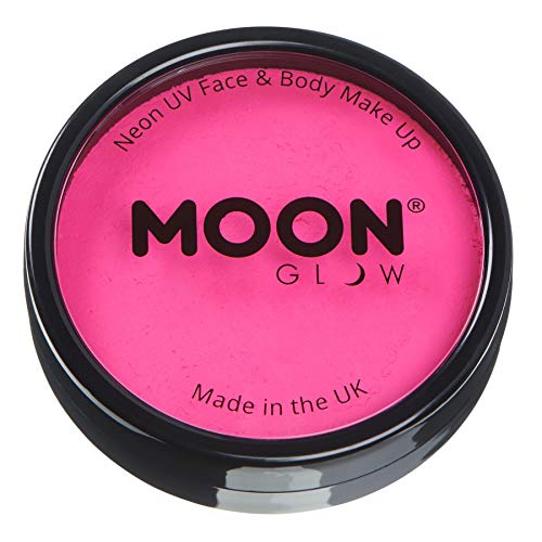 A circular black container filled with bright pink neon face and body paint.