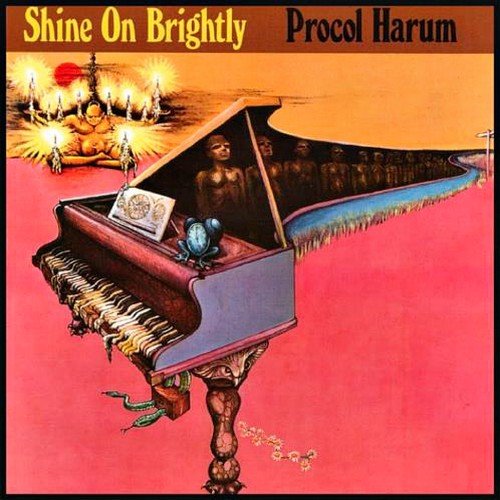"Album cover art featuring a surreal piano scene with 'Procol Harum' and 'Shine On Brightly' text."