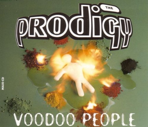 Album cover for The Prodigy’s “Voodoo People” with a burning figure.