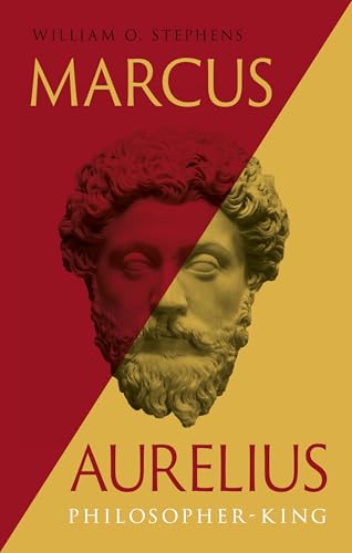 Book cover with a bust of Marcus Aurelius split between red and gold backgrounds.