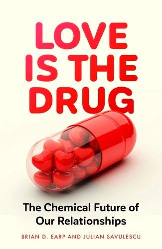 Book cover: “Love is the Drug” with a red pill and hearts.