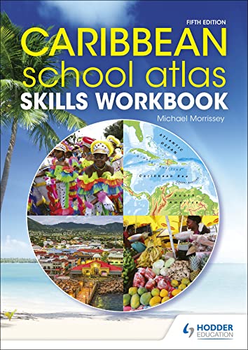 Caribbean school atlas skills workbook cover with tropical scenes and map.