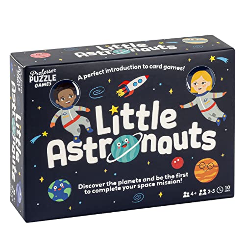Little Astronauts card game box featuring space-themed illustrations of children and planets on black.
