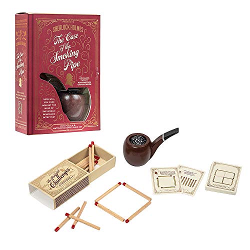 Sherlock Holmes puzzle box with matchsticks, cards, and a pipe.