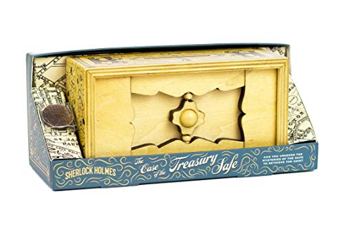Wooden puzzle box resembling a safe, with Sherlock Holmes branding.