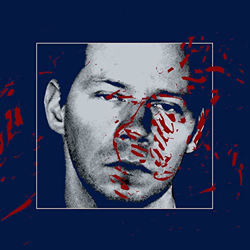 Black and white portrait of a man with red splatter effects.