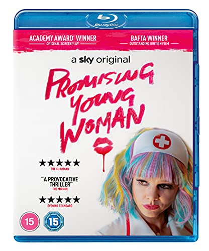 Blu-ray cover for Promising Young Woman featuring a woman in a nurse costume.