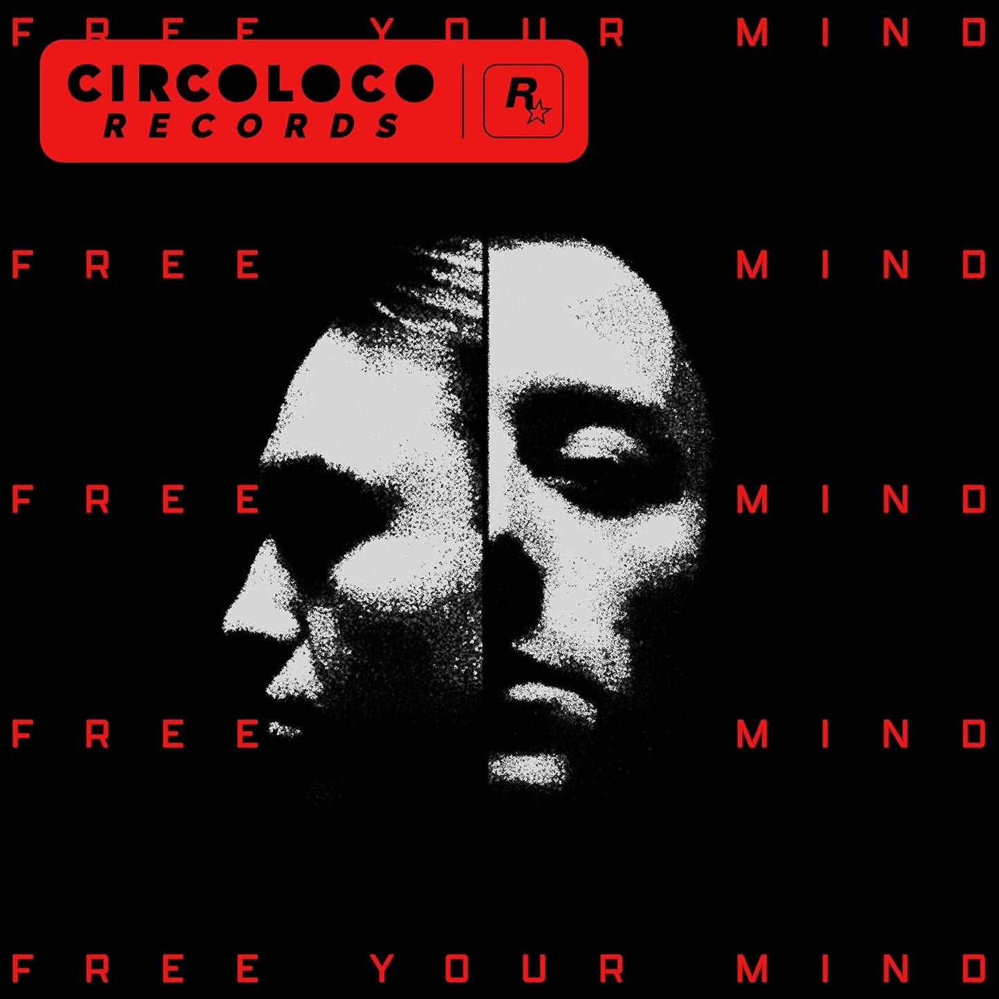 CD cover: Black and white portrait with repeating text, “Free Your Mind”.