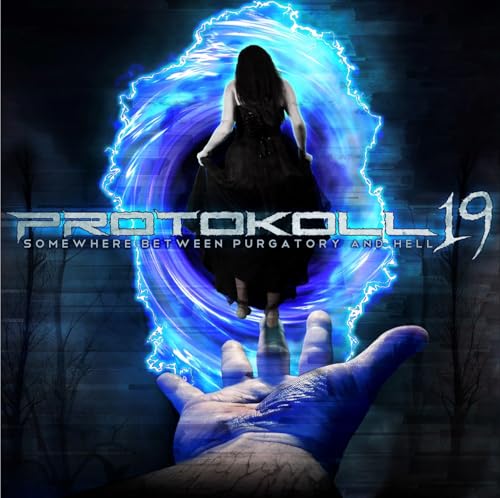 Woman in a dark dress entering a swirling blue vortex above a hand.