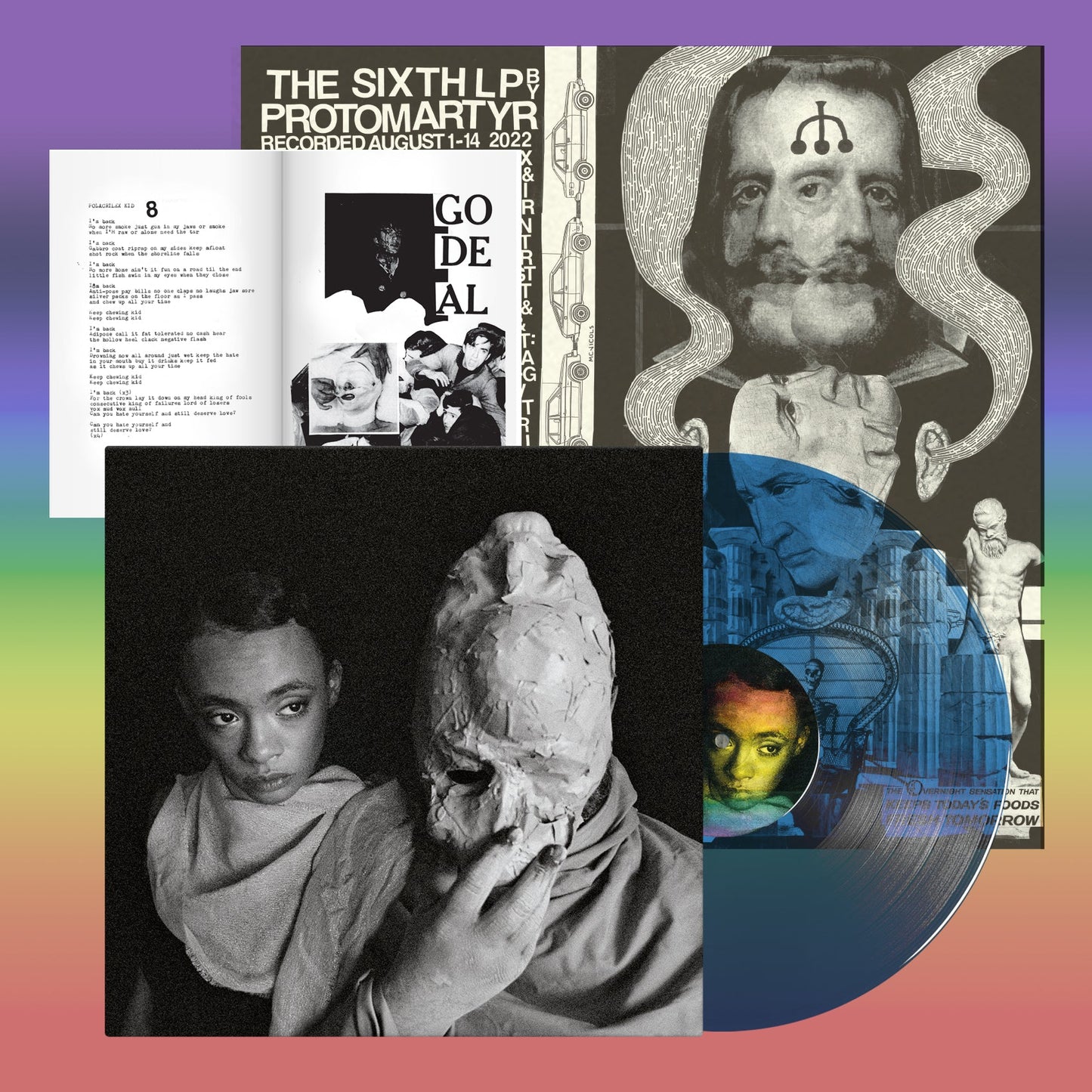 Protomartyr album cover, split image with portraits and abstract color blocks.
