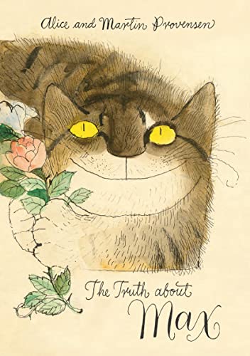 Watercolor illustration of a grinning tabby cat with yellow eyes holding a pink rose.