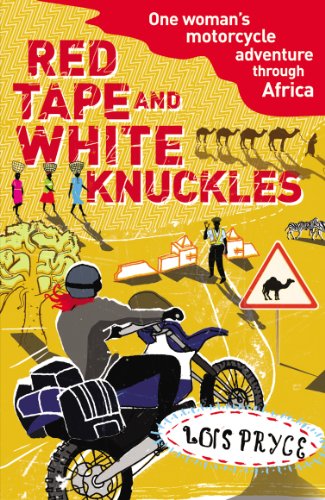Book cover depicting a motorcyclist in Africa with camels and people.