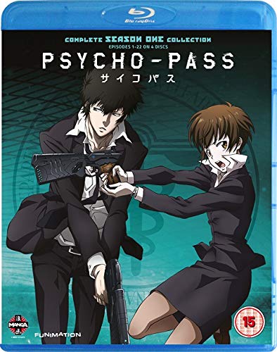 Blu-ray cover for “Psycho-Pass” featuring two anime characters with a gun.