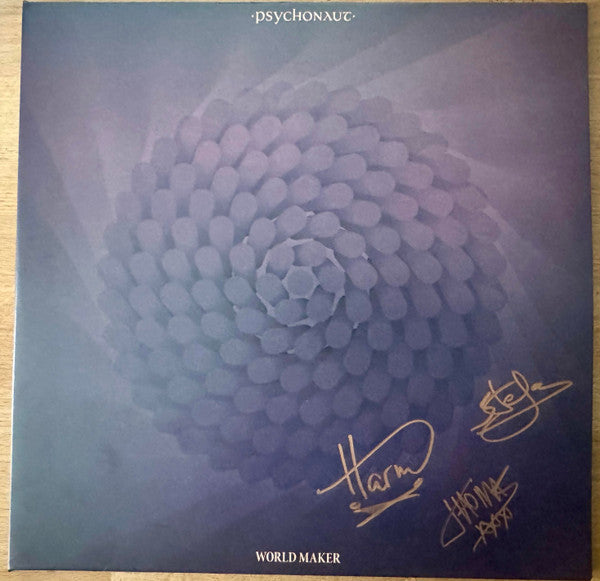 Vinyl record cover with a purple floral design and two signatures.