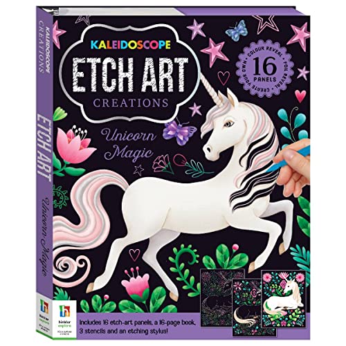 Book cover featuring a white unicorn and scratch art design elements.