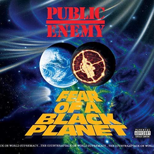 Public Enemy album cover: planets, text, and a red warning symbol in space.
