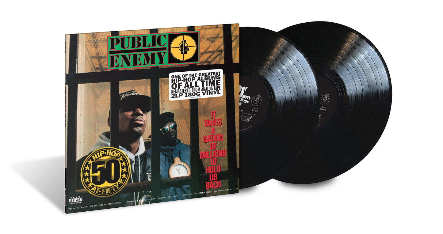 Public Enemy vinyl album cover featuring two men behind bars with two black records.