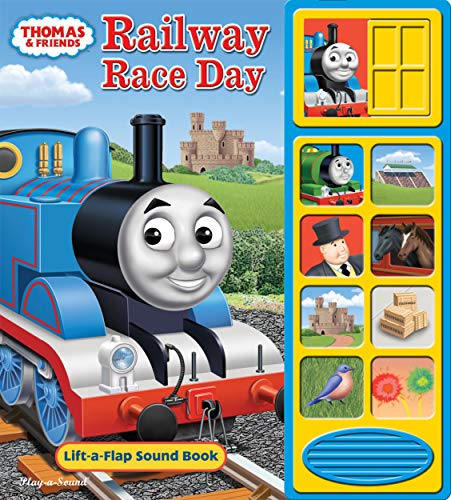 Thomas the Tank Engine lift-a-flap sound book with colorful scenes.