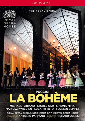 DVD cover for Puccini's La Bohème featuring opera singers in a glass-roofed arcade.