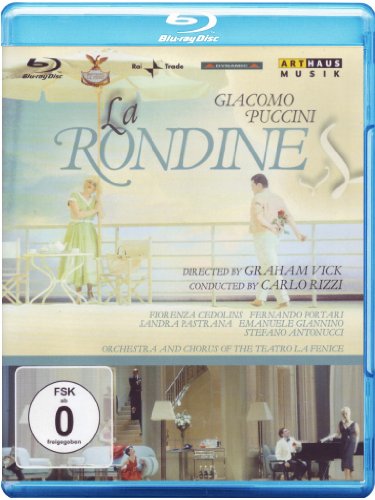 Blu-ray cover for Puccini’s *La Rondine* opera, featuring two figures.